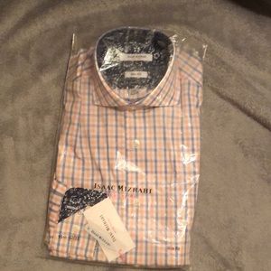 Isaac Mizrahi dress shirt. Orange and blue plaid with dark blue and white flower